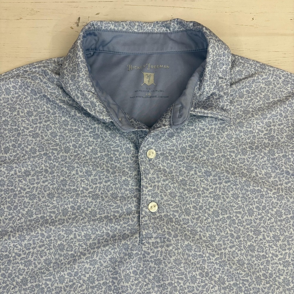Hickey Freeman Polo Shirt Golf Mens L Blue Floral Stretch Performance Print
